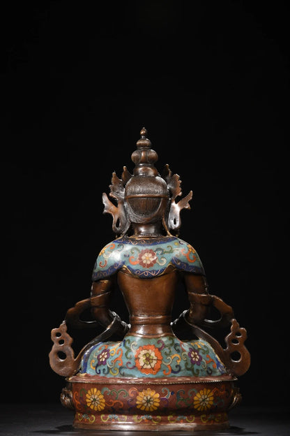 13"Tibet Temple Collection Old Bronze Cloisonne Enamel Amitabha Buddha Amitayus Longevity Buddha Worship Hall Town house