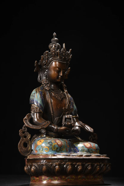 13"Tibet Temple Collection Old Bronze Cloisonne Enamel Amitabha Buddha Amitayus Longevity Buddha Worship Hall Town house