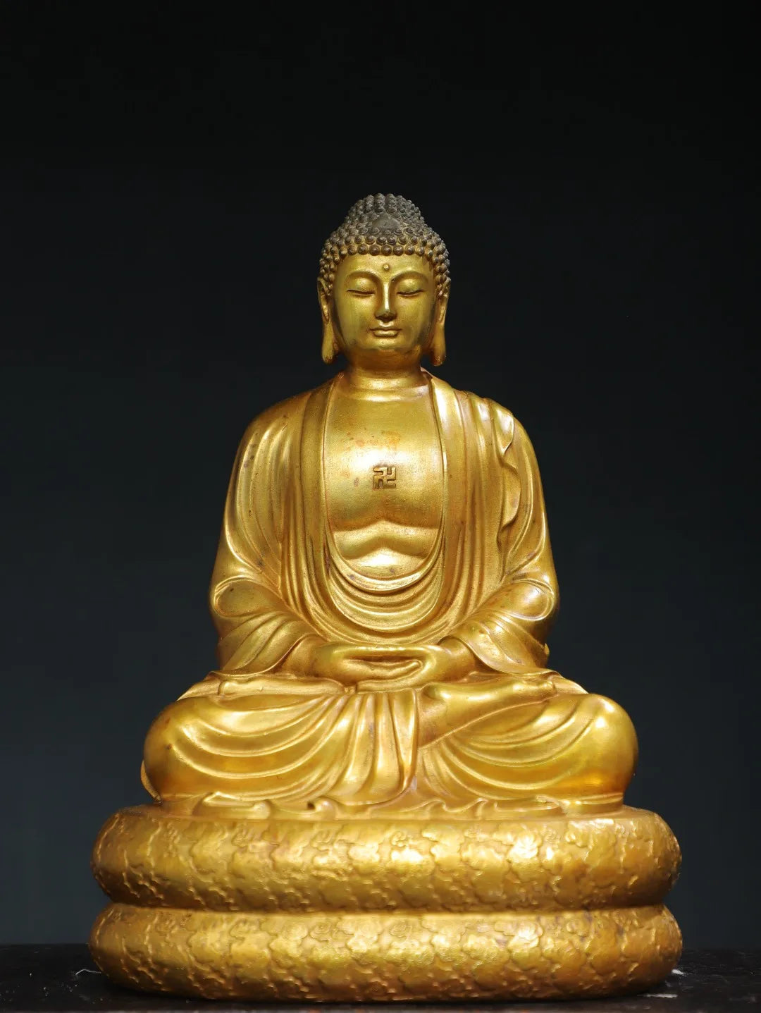 13"Tibet Temple Collection Old Bronze Gilded Cinnabar Amitabha Shakyamuni Sitting Buddha Double Lotus Terrace Worship Hall