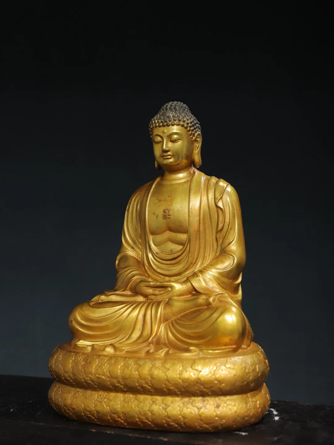 13"Tibet Temple Collection Old Bronze Gilded Cinnabar Amitabha Shakyamuni Sitting Buddha Double Lotus Terrace Worship Hall