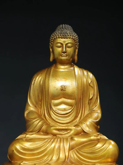 13"Tibet Temple Collection Old Bronze Gilded Cinnabar Amitabha Shakyamuni Sitting Buddha Double Lotus Terrace Worship Hall