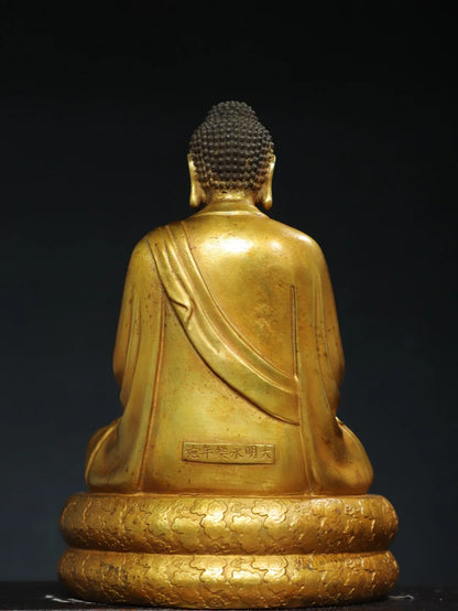 13"Tibet Temple Collection Old Bronze Gilded Cinnabar Amitabha Shakyamuni Sitting Buddha Double Lotus Terrace Worship Hall