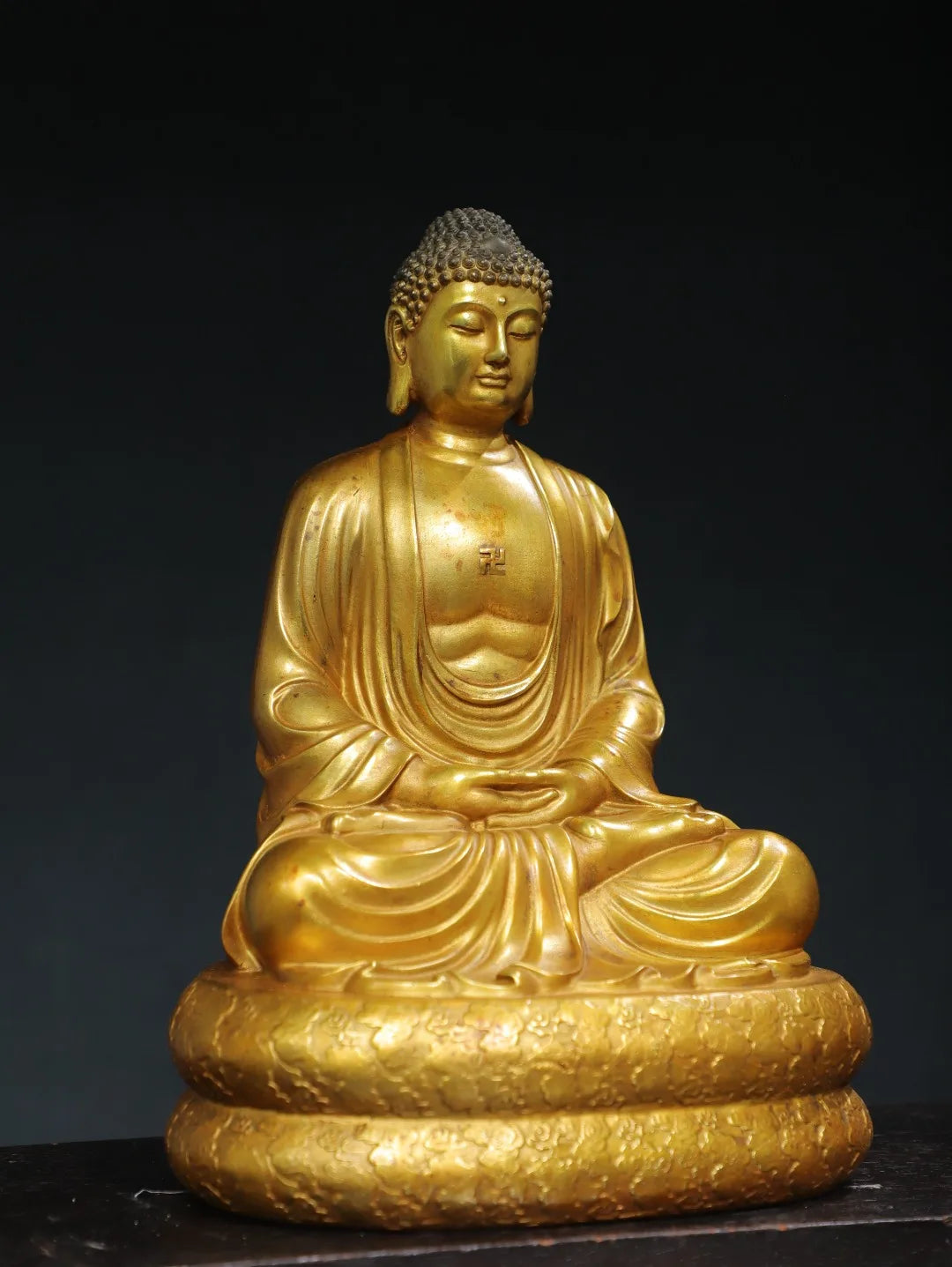 13"Tibet Temple Collection Old Bronze Gilded Cinnabar Amitabha Shakyamuni Sitting Buddha Double Lotus Terrace Worship Hall