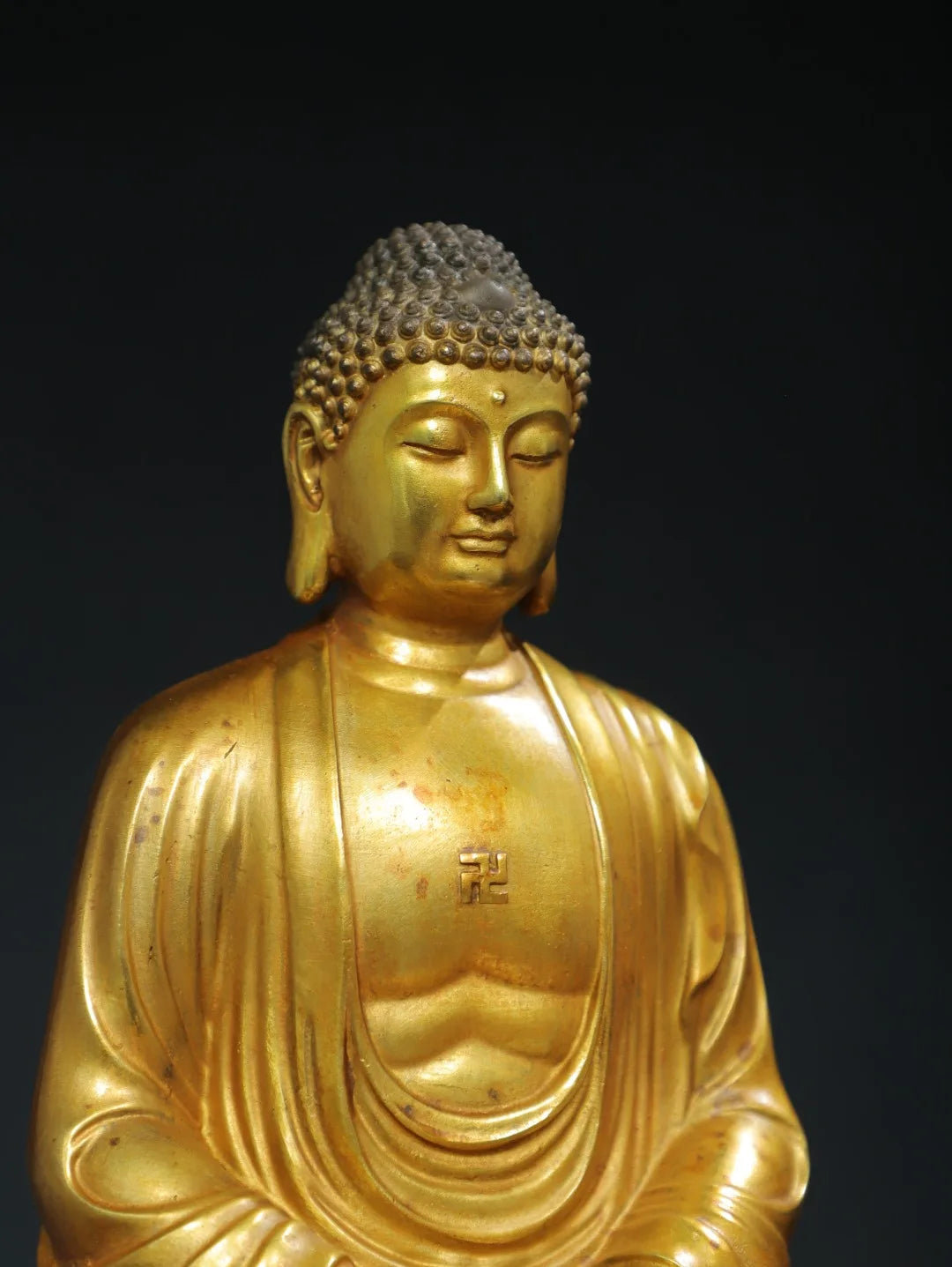 13"Tibet Temple Collection Old Bronze Gilded Cinnabar Amitabha Shakyamuni Sitting Buddha Double Lotus Terrace Worship Hall