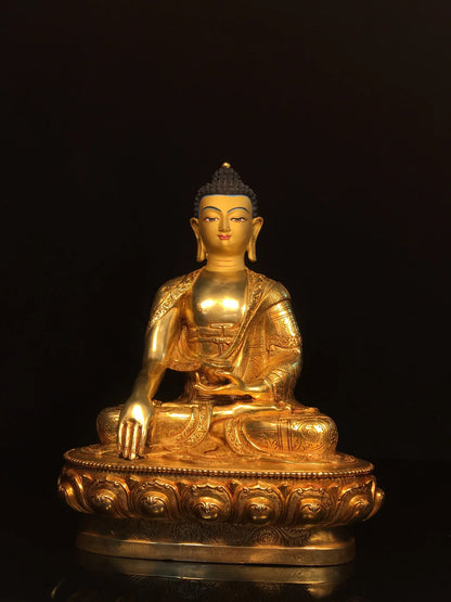 13"Tibet Temple Collection Old Bronze Gilded Face Painting Shakyamuni Sitting Buddha Lotus Platform Worship Hall Town house