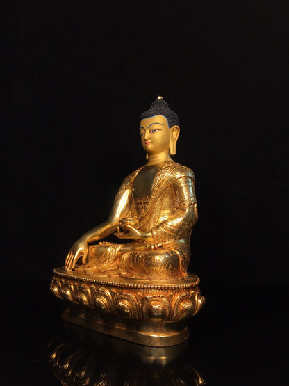 13"Tibet Temple Collection Old Bronze Gilded Face Painting Shakyamuni Sitting Buddha Lotus Platform Worship Hall Town house