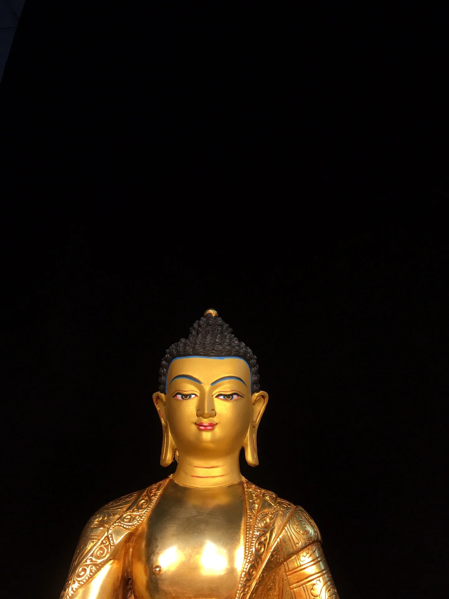 13"Tibet Temple Collection Old Bronze Gilded Face Painting Shakyamuni Sitting Buddha Lotus Platform Worship Hall Town house