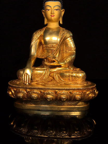 13"Tibet Temple Collection Old Bronze Gilded Face Painting Shakyamuni Sitting Buddha Lotus Platform Worship Hall Town house