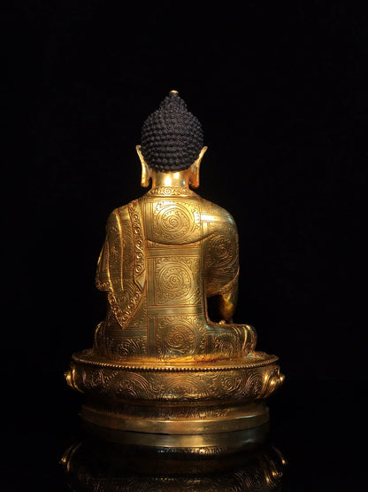 13"Tibet Temple Collection Old Bronze Gilded Face Painting Shakyamuni Sitting Buddha Lotus Platform Worship Hall Town house