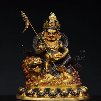 13"Tibet Temple Collection Old Bronze Gilded Facial Painted Vaisravana Pisamen sky Sitting Buddha Worship Hall Town house