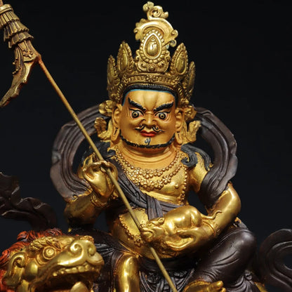 13"Tibet Temple Collection Old Bronze Gilded Facial Painted Vaisravana Pisamen sky Sitting Buddha Worship Hall Town house