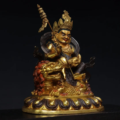 13"Tibet Temple Collection Old Bronze Gilded Facial Painted Vaisravana Pisamen sky Sitting Buddha Worship Hall Town house