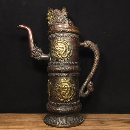 13"Tibet Temple Collection Old Bronze Lacquer Cinnabar Horse milk jug Butter Teapot Big Tibetan Pot Worship Hall Town house