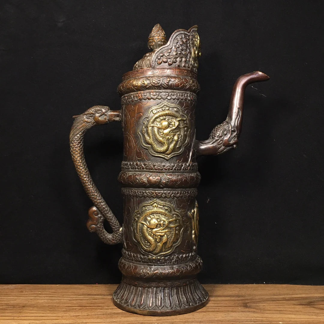 13"Tibet Temple Collection Old Bronze Lacquer Cinnabar Horse milk jug Butter Teapot Big Tibetan Pot Worship Hall Town house