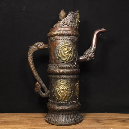 13"Tibet Temple Collection Old Bronze Lacquer Cinnabar Horse milk jug Butter Teapot Big Tibetan Pot Worship Hall Town house