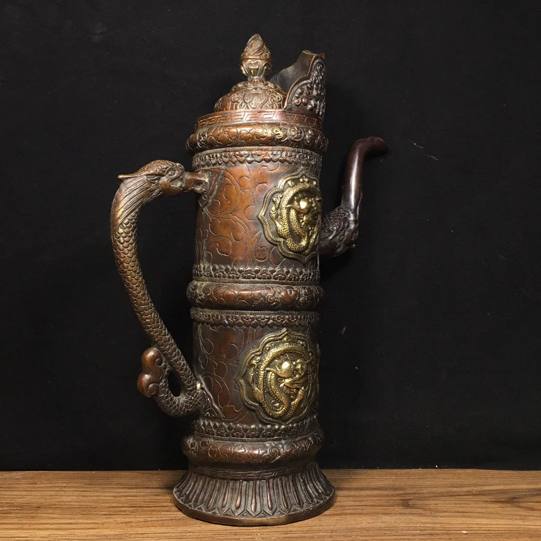 13"Tibet Temple Collection Old Bronze Lacquer Cinnabar Horse milk jug Butter Teapot Big Tibetan Pot Worship Hall Town house