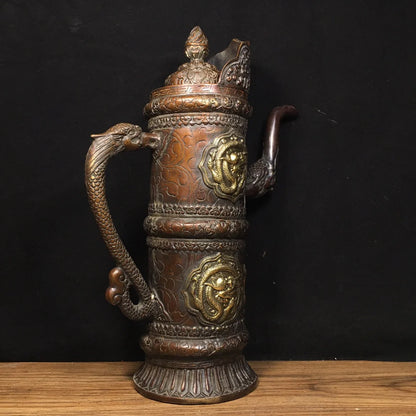 13"Tibet Temple Collection Old Bronze Lacquer Cinnabar Horse milk jug Butter Teapot Big Tibetan Pot Worship Hall Town house