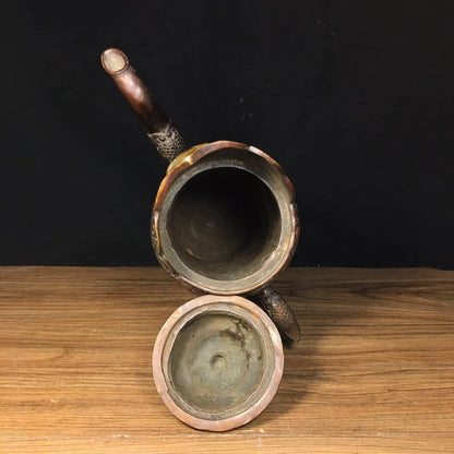 13"Tibet Temple Collection Old Bronze Lacquer Cinnabar Horse milk jug Butter Teapot Big Tibetan Pot Worship Hall Town house