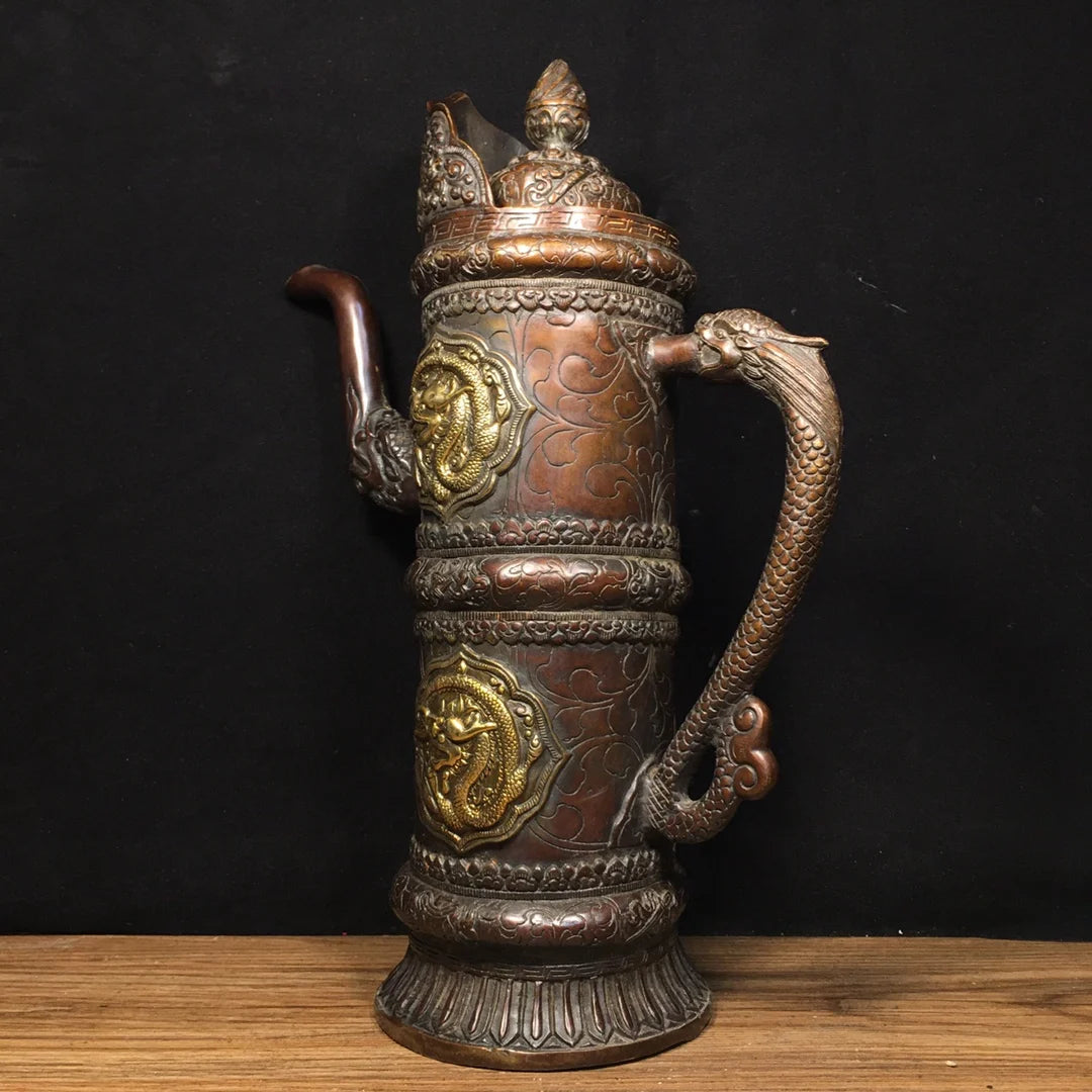 13"Tibet Temple Collection Old Bronze Lacquer Cinnabar Horse milk jug Butter Teapot Big Tibetan Pot Worship Hall Town house