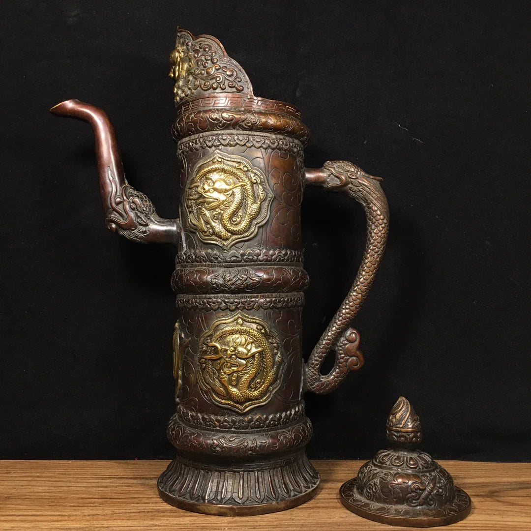 13"Tibet Temple Collection Old Bronze Lacquer Cinnabar Horse milk jug Butter Teapot Big Tibetan Pot Worship Hall Town house