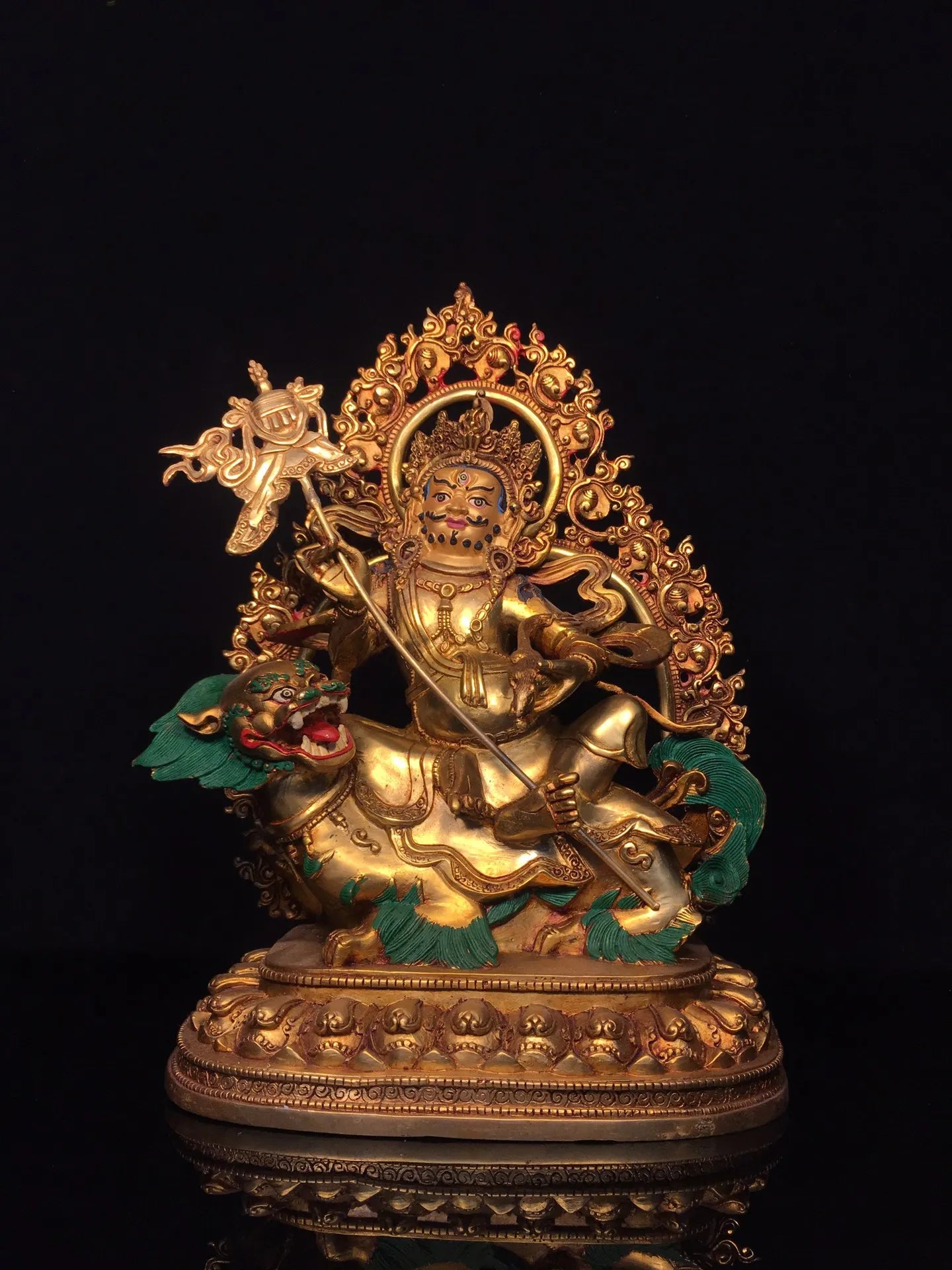13"Tibet Temple Collection Old Bronze Painted Cinnabar Mud gold Face painting Vaisravana Treasure King Buddha Worship Hall
