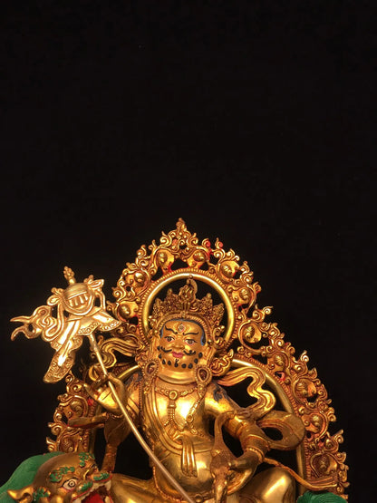13"Tibet Temple Collection Old Bronze Painted Cinnabar Mud gold Face painting Vaisravana Treasure King Buddha Worship Hall