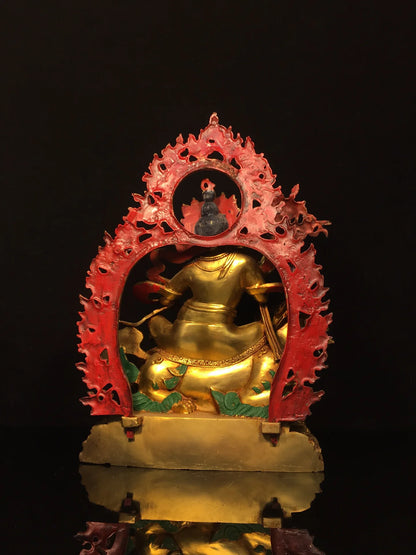 13"Tibet Temple Collection Old Bronze Painted Cinnabar Mud gold Face painting Vaisravana Treasure King Buddha Worship Hall