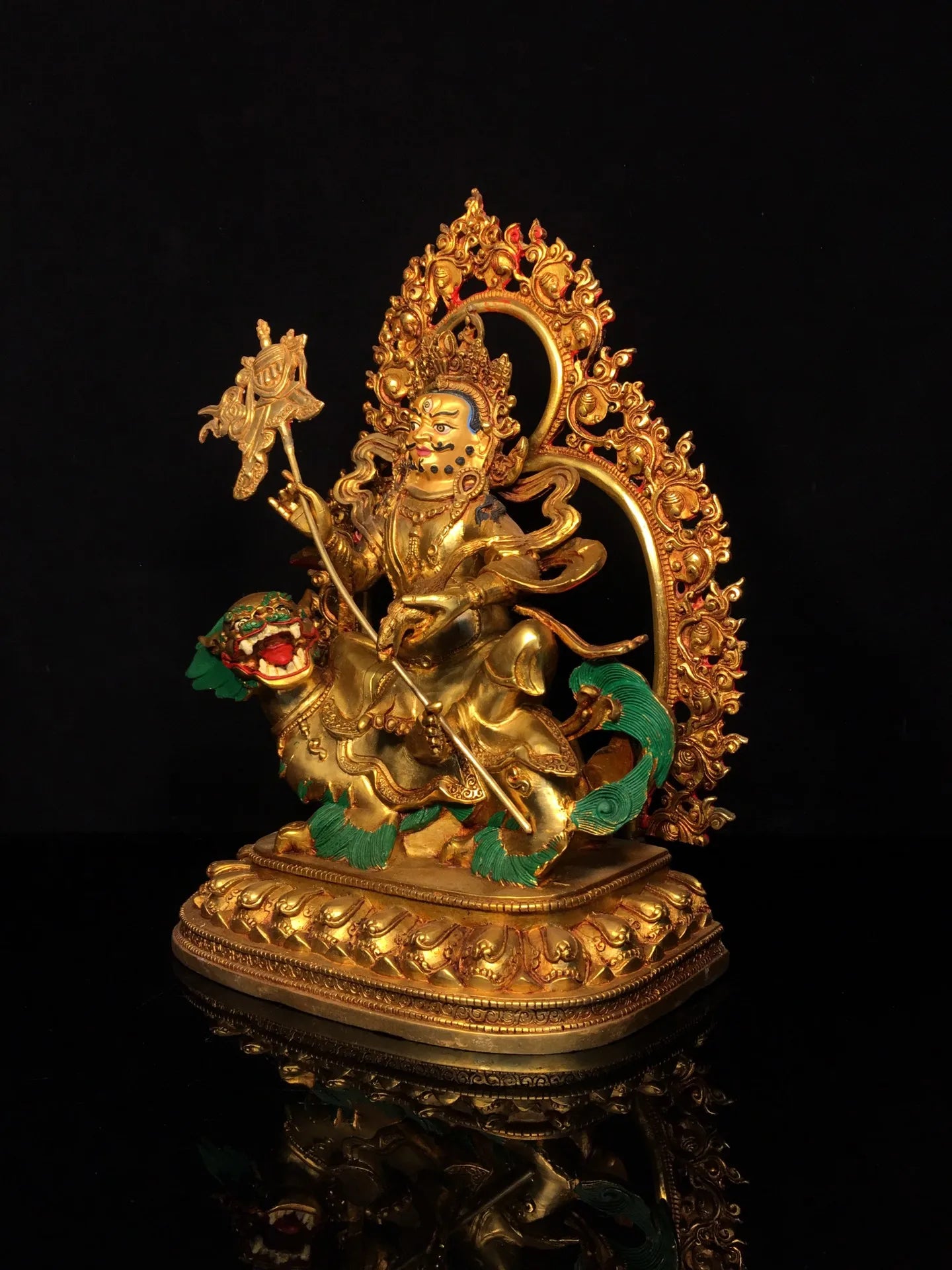 13"Tibet Temple Collection Old Bronze Painted Cinnabar Mud gold Face painting Vaisravana Treasure King Buddha Worship Hall