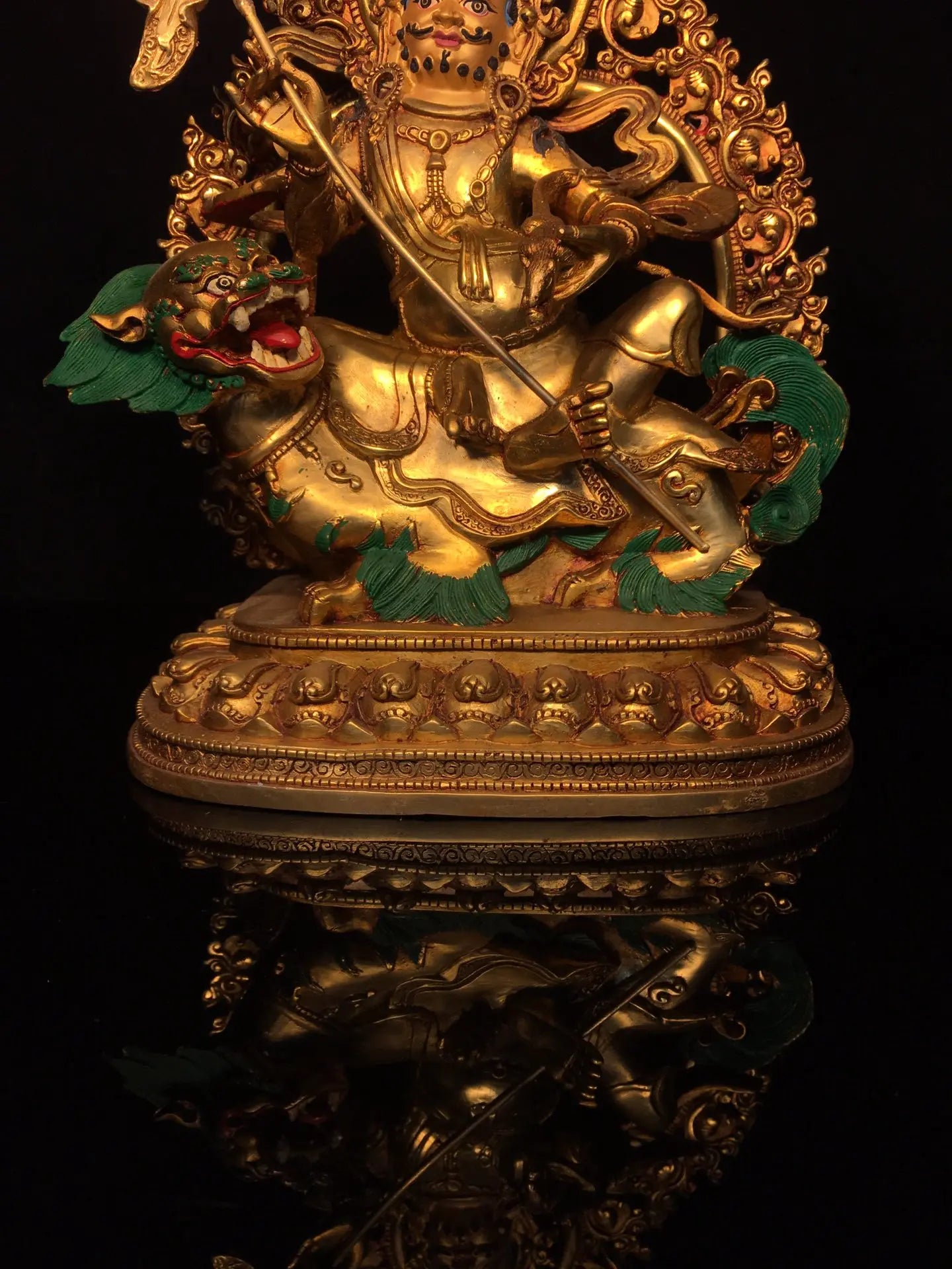 13"Tibet Temple Collection Old Bronze Painted Cinnabar Mud gold Face painting Vaisravana Treasure King Buddha Worship Hall