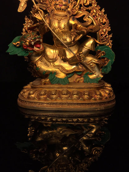 13"Tibet Temple Collection Old Bronze Painted Cinnabar Mud gold Face painting Vaisravana Treasure King Buddha Worship Hall