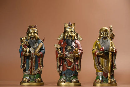 13"Tibet Temple Collection Old Bronze Painted Fuxing Lu Xing Shouxing Three Statues longevity Auspicious symbol Worship Hall