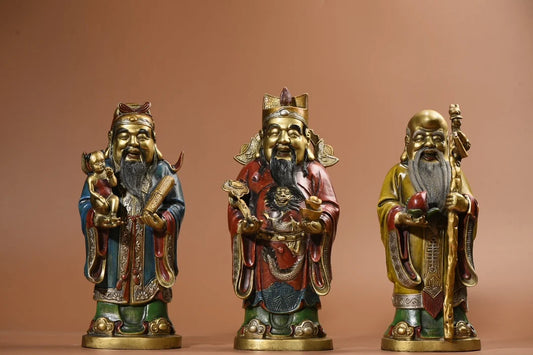 13"Tibet Temple Collection Old Bronze Painted Fuxing Lu Xing Shouxing Three Statues longevity Auspicious symbol Worship Hall