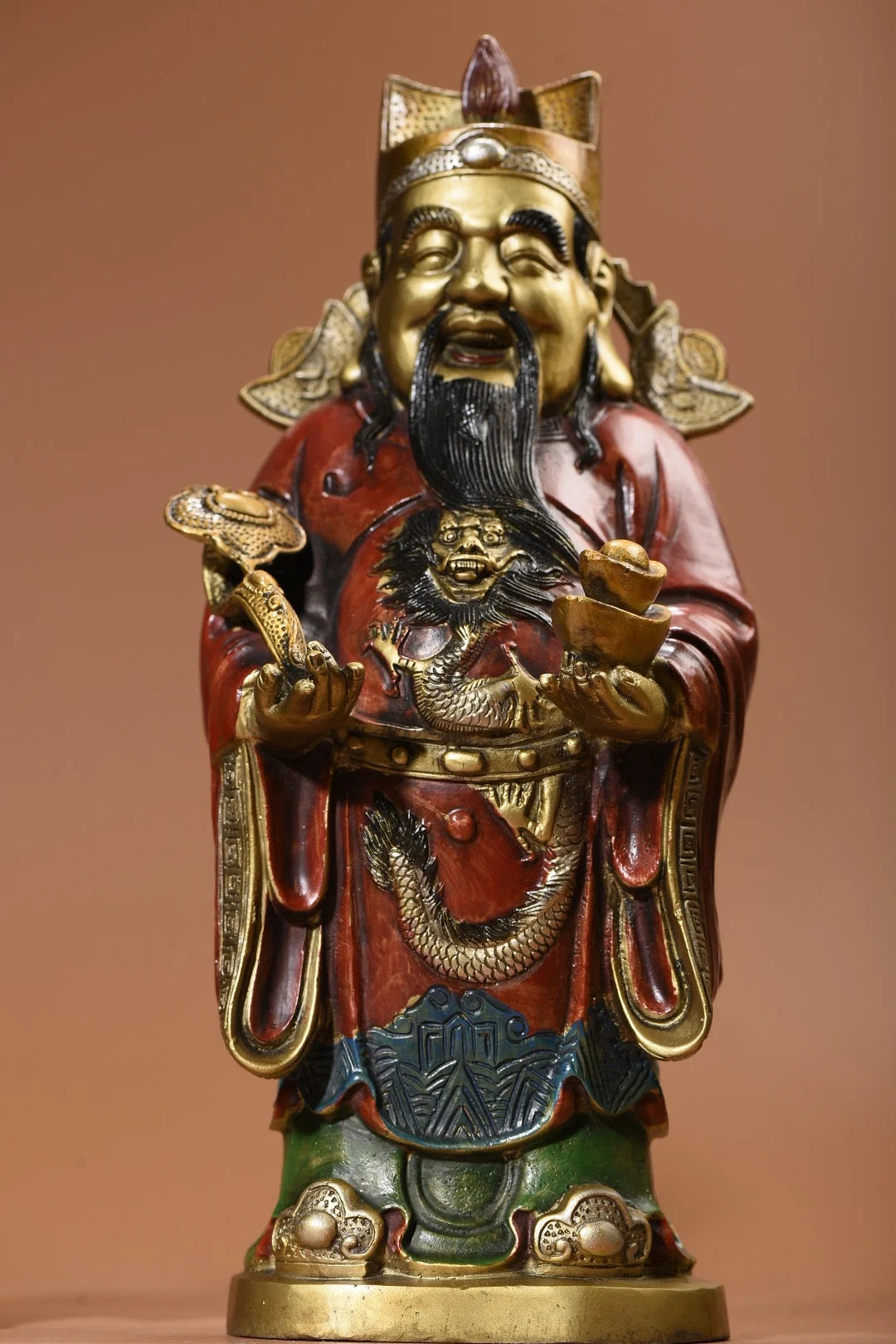13"Tibet Temple Collection Old Bronze Painted Fuxing Lu Xing Shouxing Three Statues longevity Auspicious symbol Worship Hall
