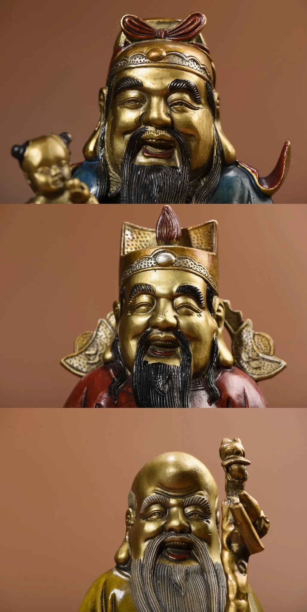 13"Tibet Temple Collection Old Bronze Painted Fuxing Lu Xing Shouxing Three Statues longevity Auspicious symbol Worship Hall