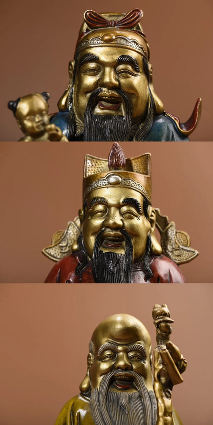 13"Tibet Temple Collection Old Bronze Painted Fuxing Lu Xing Shouxing Three Statues longevity Auspicious symbol Worship Hall
