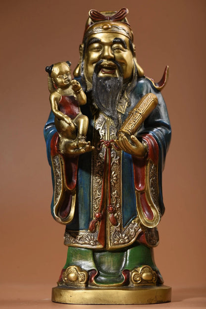 13"Tibet Temple Collection Old Bronze Painted Fuxing Lu Xing Shouxing Three Statues longevity Auspicious symbol Worship Hall