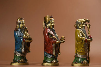 13"Tibet Temple Collection Old Bronze Painted Fuxing Lu Xing Shouxing Three Statues longevity Auspicious symbol Worship Hall