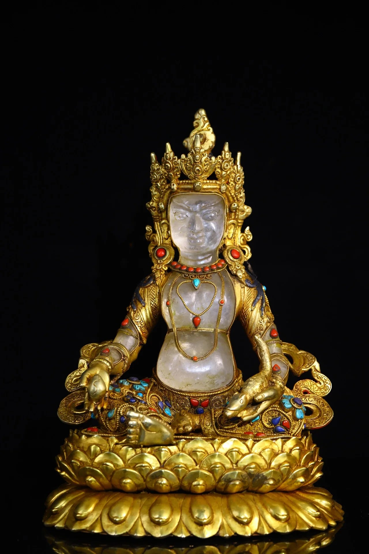 13"Tibet Temple Collection Old Natural Crystal Tibetan silver Outline in gold Mosaic Gem Yellow Jambhala Lotus Buddha Town house