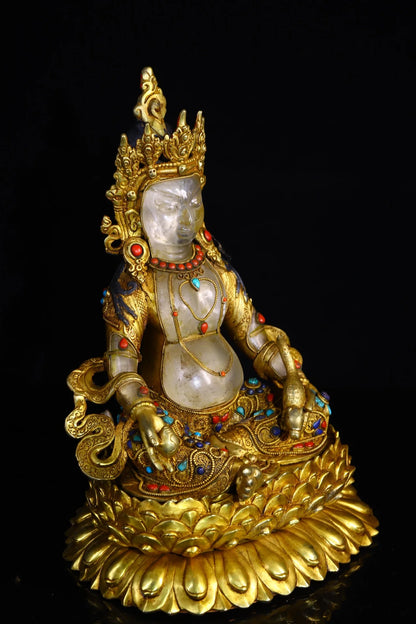 13"Tibet Temple Collection Old Natural Crystal Tibetan silver Outline in gold Mosaic Gem Yellow Jambhala Lotus Buddha Town house