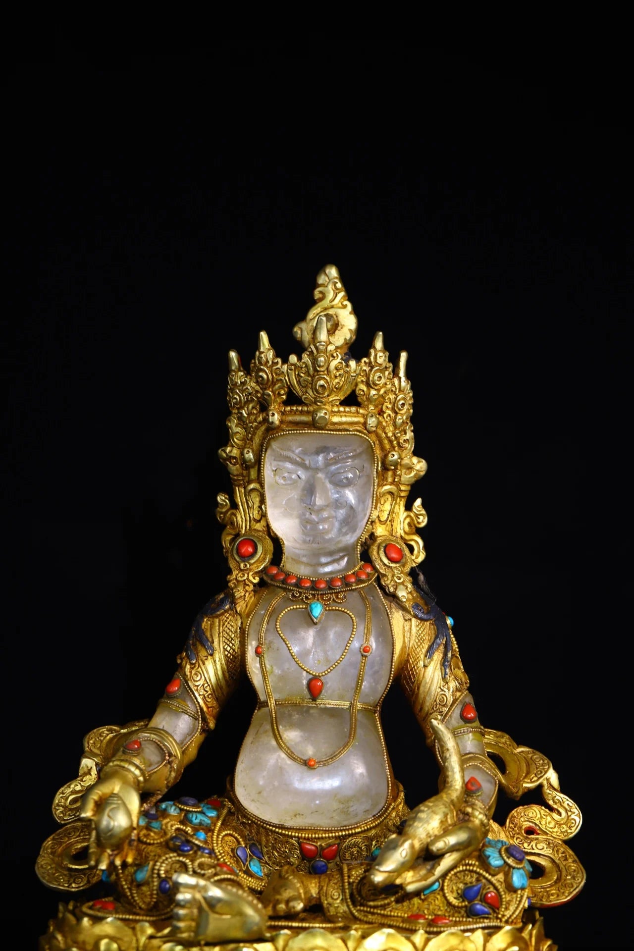 13"Tibet Temple Collection Old Natural Crystal Tibetan silver Outline in gold Mosaic Gem Yellow Jambhala Lotus Buddha Town house