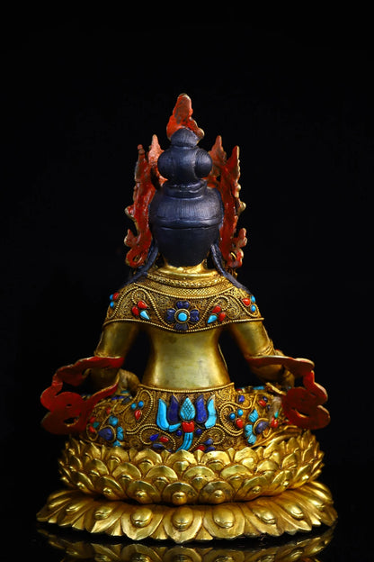 13"Tibet Temple Collection Old Natural Crystal Tibetan silver Outline in gold Mosaic Gem Yellow Jambhala Lotus Buddha Town house