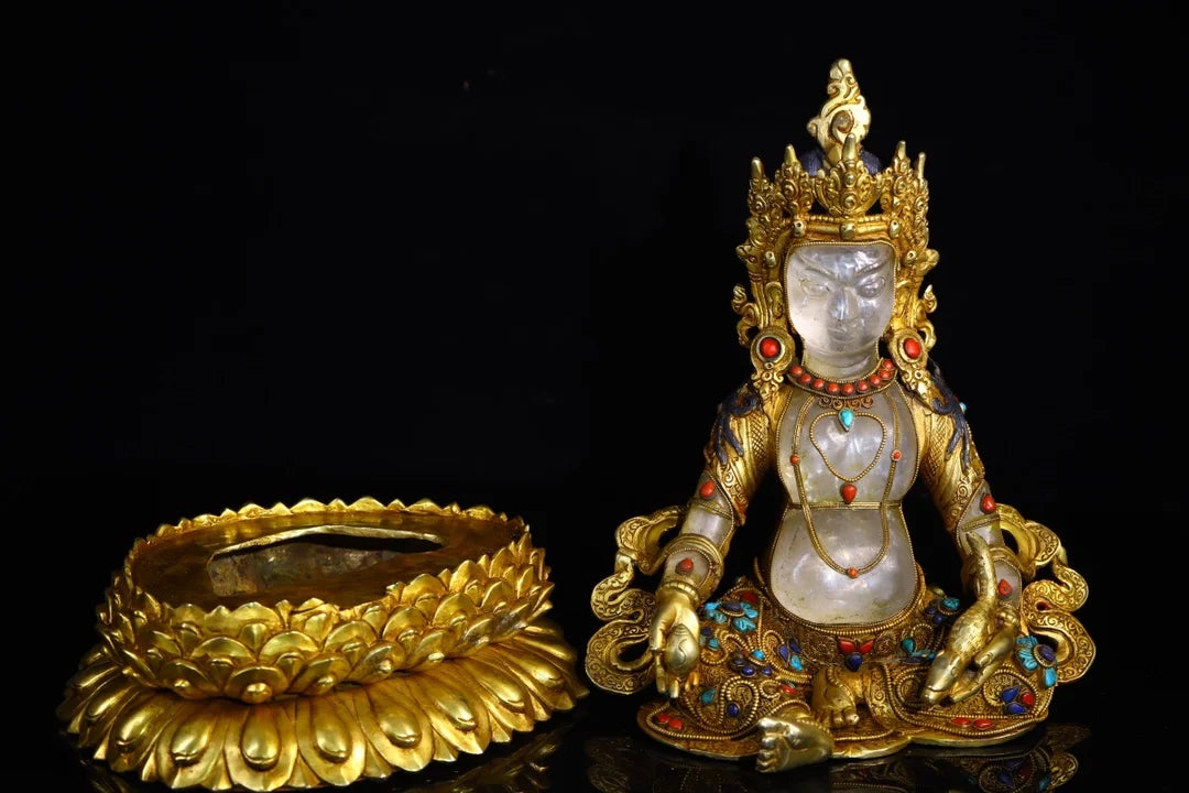 13"Tibet Temple Collection Old Natural Crystal Tibetan silver Outline in gold Mosaic Gem Yellow Jambhala Lotus Buddha Town house