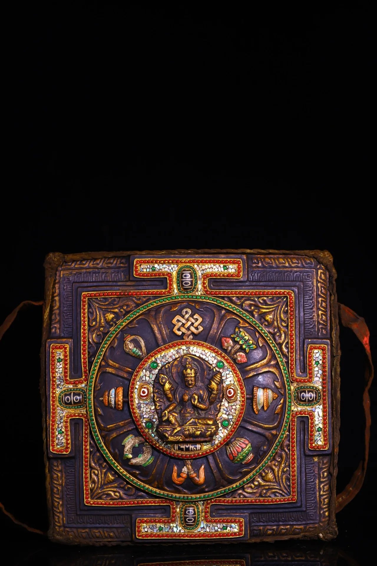 13”Tibet Temple Collection Old Rubbing Buddha Painted Mosaic Gem gZi Beads Shell Four armed Tara Thangka Mandala Worship Hall