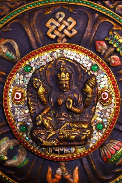 13”Tibet Temple Collection Old Rubbing Buddha Painted Mosaic Gem gZi Beads Shell Four armed Tara Thangka Mandala Worship Hall