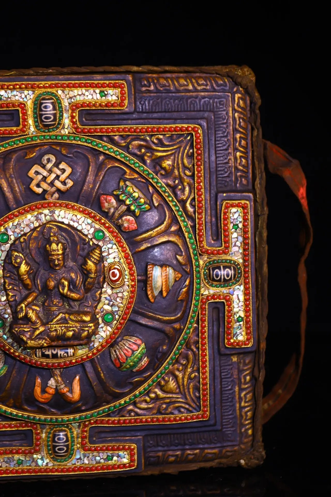 13”Tibet Temple Collection Old Rubbing Buddha Painted Mosaic Gem gZi Beads Shell Four armed Tara Thangka Mandala Worship Hall