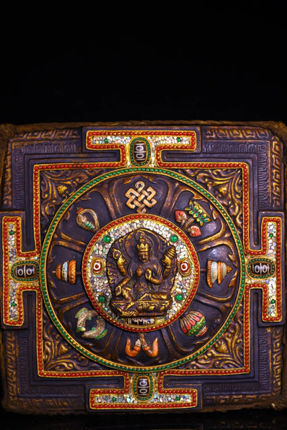 13”Tibet Temple Collection Old Rubbing Buddha Painted Mosaic Gem gZi Beads Shell Four armed Tara Thangka Mandala Worship Hall
