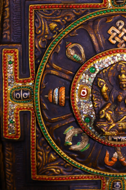 13”Tibet Temple Collection Old Rubbing Buddha Painted Mosaic Gem gZi Beads Shell Four armed Tara Thangka Mandala Worship Hall