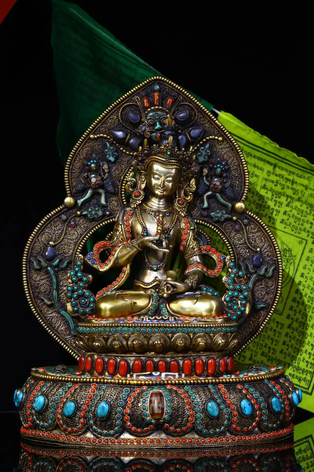 13"Tibet Temple Collection Old Tibetan silver Mosaic Gem gZi Beads Vajrasattva Lotus Platform Buddhist altar worship hall