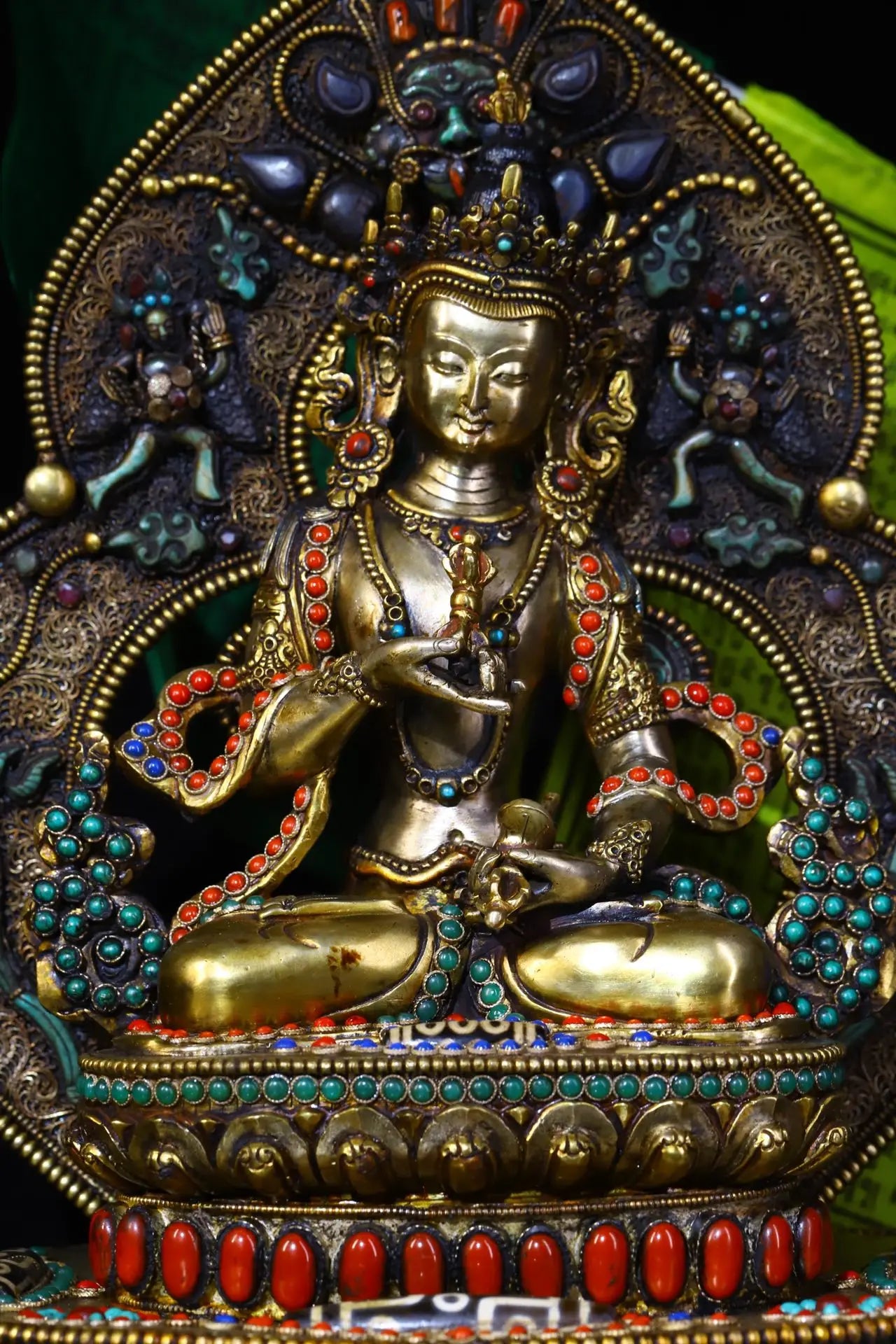 13"Tibet Temple Collection Old Tibetan silver Mosaic Gem gZi Beads Vajrasattva Lotus Platform Buddhist altar worship hall