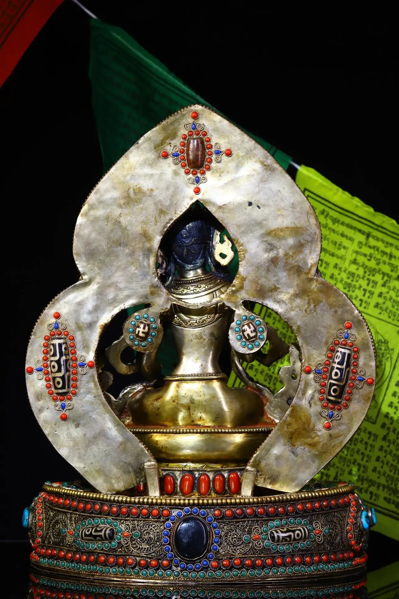 13"Tibet Temple Collection Old Tibetan silver Mosaic Gem gZi Beads Vajrasattva Lotus Platform Buddhist altar worship hall